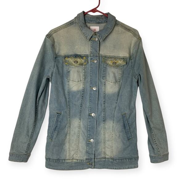 Lularoe women's medium denim jacket embroidery light wash casual yellow jean - Picture 3 of 8